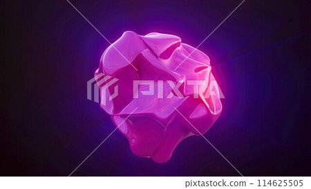 Purple energy magic sphere round high-tech digital iridescent morphing ball of liquid metal with light rays lines and energy particles. Abstract background Purple energy magic sphere round high-tech digital iridescent morphing ball of liquid metal with light rays lines and energy particles. Abstract background 114625505