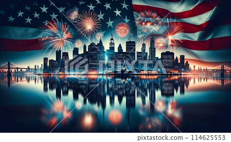 festive Fourth of July independence day. Cityscape of major US city with vibrant fireworks illuminating sky, juxtaposed with waving American flag. patriotic celebration 114625553