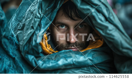 Man peering from under a hooded blanket. Man peering from under a hooded blanket. 114625558