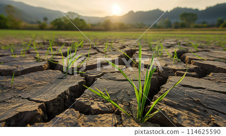 Grass sprouting in cracked earth. 114625590