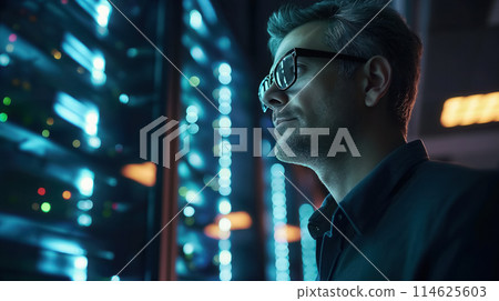 Man by data server with lights. 114625603