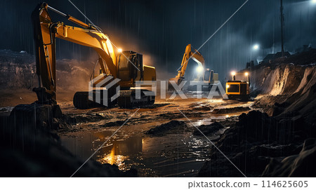 Excavators working at night in rain. 114625605