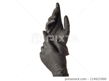 Hands in black leather gloves isolated on white background Hands in black leather gloves isolated on white background 114625900