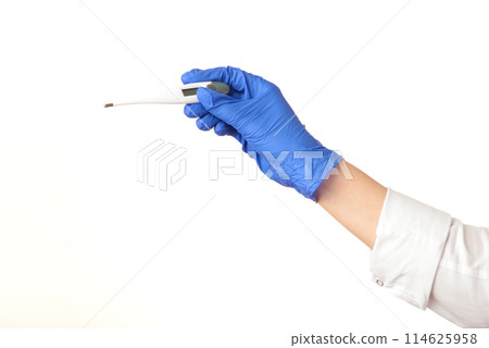 Doctor holding medical thermometer isolated on white background 114625958