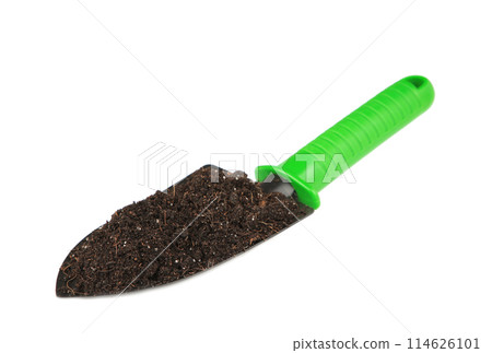 Green garden tools shovel and soil isolated on white background 114626101