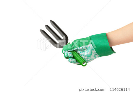 Women holding green garden shovel with isolated on white background Women holding green garden shovel with isolated on white background 114626114