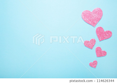 Valentines day greeting card. Pink handmaded hearts on blue background. 114626344