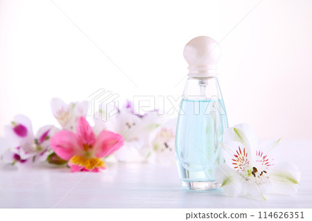 Perfume bottle with flowers on white background, top view Perfume bottle with flowers on white background, top view 114626351