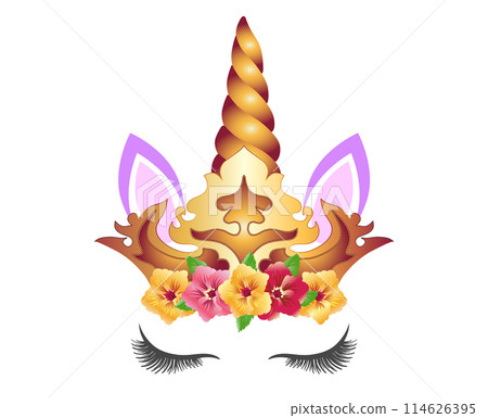 Fabulous cute unicorn with golden crown, gilded horn and beautiful pansies flowers wreath isolated on white background. Fairy unicorn princess. Fabulous cute unicorn with golden crown, gilded horn and beautiful pansies flowers wreath isolated on white background. Fairy unicorn princess. 114626395