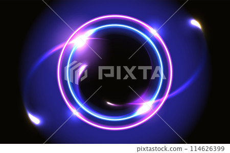Abstract fantastic background with neon glowing round frame and space portal into another dimension 114626399