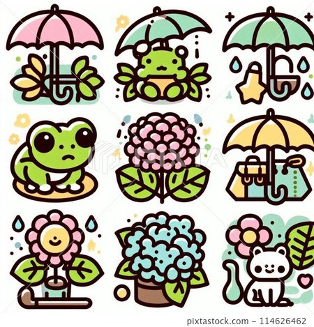 Pop icon illustrations of frogs, hydrangeas, umbrellas, etc., based on the image of the rainy season and June 114626462