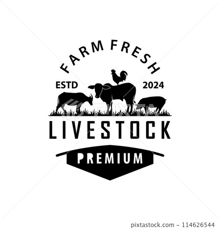 Cattle Farm Livestock Logo, Farm Garden Land Agriculture Retro Vintage Emblem Design 114626544