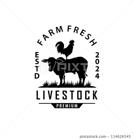 Cattle Farm Livestock Logo, Farm Garden Land Agriculture Retro Vintage Emblem Design 114626545