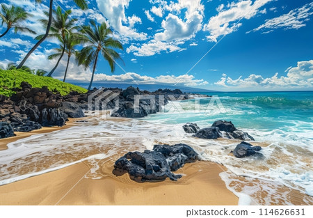 A stunning beach scene in Hawaii, with crystalclear turquoise waters and black lava rocks on the shore 114626631
