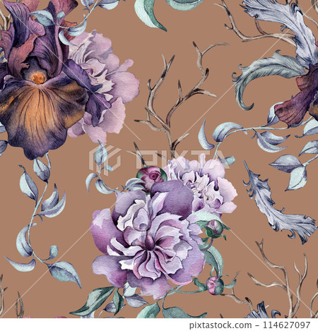 Gothic floral seamless pattern hand drawn. Black iris and peony flowers watercolor isolated on pink. Botanical dark art with snag and feathers for mystical party. Design for package, textile, paper 114627097