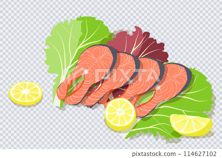 Set with steak salmon, lemon and lettuce leaves 114627102