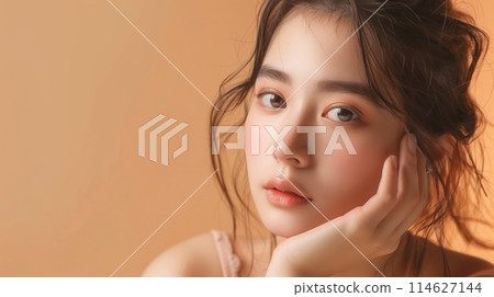 Woman with beautiful face touching healthy facial skin portrait. Beautiful happy Asian girl model with natural Woman with beautiful face touching healthy facial skin portrait. Beautiful happy Asian girl model with natural 114627144