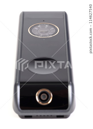 Modern wireless camera doorbel, on white background Modern wireless camera doorbel, on white background 114627540