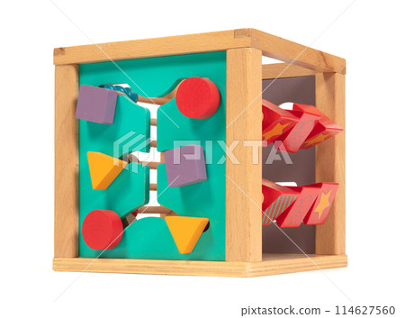 Wooden eco-friendly busy board cube - educational toy for children and babies on a white background Wooden eco-friendly busy board cube - educational toy for children and babies on a white background 114627560