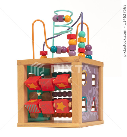 Wooden eco-friendly busy board cube - educational toy for children and babies on a white background 114627565