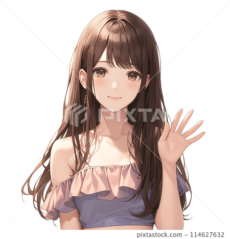 A woman wearing summer clothes waving A woman wearing summer clothes waving 114627632