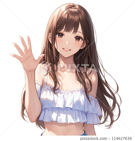 穿著夏裝的女人微笑揮手 穿著夏裝的女人微笑揮手 114627636