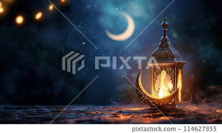 Arabic lantern and crescent moon, Ramadan Kareem background. Generative AI 114627855