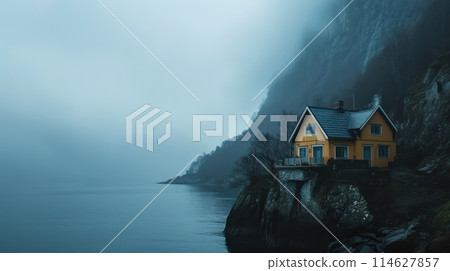 Cozy house on the sea cliff. Generative AI Cozy house on the sea cliff. Generative AI 114627857