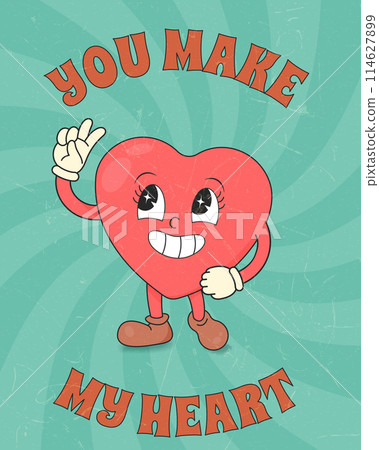 Trendy retro cartoon heart character. Vintage texture. Groovy style, vintage, 70s 60s aesthetics. Valentines day greeting card. Vector illustration in flat style 114627899