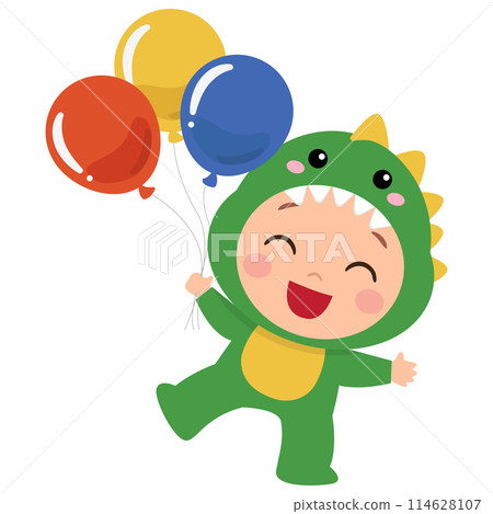 Cute baby boy in dinosaurs costume with balloons Cute baby boy in dinosaurs costume with balloons 114628107