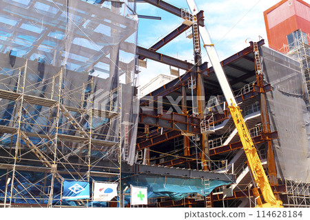A crane working on steel frames during a building construction project A crane working on steel frames during a building construction project 114628184