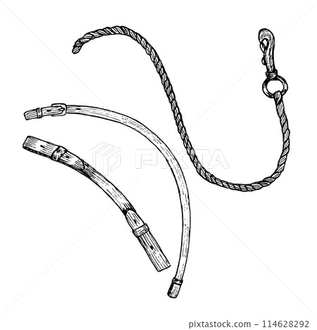 Graphic vector illustration of cord or rope with a carabiner, leather belts. Equipment for horse riding. Isolated. For cards, prints, decor 114628292