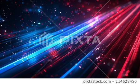 Abstract neon glowing blue, white, and red lines on a dark background. Futuristic technology banner 114628456