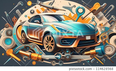 hyper realistic a collage An abstract art piece showing the concept of a car 114628568