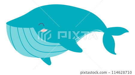 Cute blue whale in flat design. Happy underwater big fish swimming deep. Vector illustration isolated. Cute blue whale in flat design. Happy underwater big fish swimming deep. Vector illustration isolated. 114628710