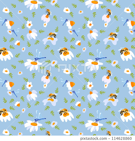 Summer background daisy bee Light blue seamless pattern spring white meadow flower green leaves ornament wrapping fabric wallpaper textile mosaic Summer background daisy bee Light blue seamless pattern spring white meadow flower green leaves ornament wrapping fabric wallpaper textile mosaic 114628860
