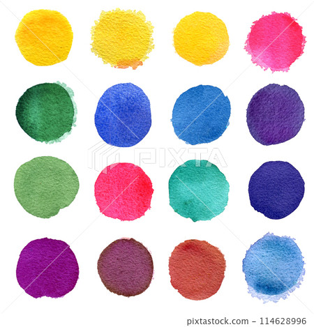 Set of yellow, orange, violet, pink and blue watercolor circles isolated on white background 114628996