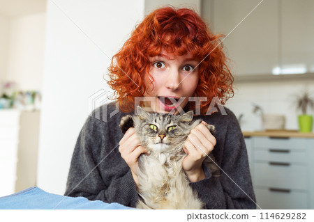 Portrait red-haired curly young woman with beloved fluffy domestic cat Portrait red-haired curly young woman with beloved fluffy domestic cat 114629282