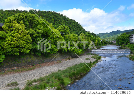從京都市左京區松崎橋眺望新綠的高野川 從京都市左京區松崎橋眺望新綠的高野川 114629655