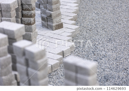 Process of building new path made from concrete blocks, interlocking pave 114629693