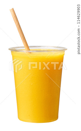 yellow smoothie in take away cup yellow smoothie in take away cup 114629903