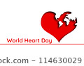 A red heart with continents depicted on it, on a white background. Text. Concept of world heart day 114630029