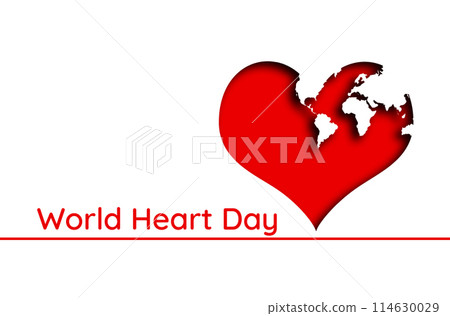 A red heart with continents depicted on it, on a white background. Text. Concept of world heart day A red heart with continents depicted on it, on a white background. Text. Concept of world heart day 114630029