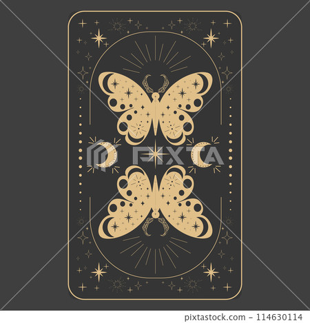 Tarot reverce border magic sacred cover card frame gold line border celelstial mystery esoteric decoration with moth stars and moon on dark background. Tarot reverce border magic sacred cover card frame gold line border celelstial mystery esoteric decoration with moth stars and moon on dark background. 114630114