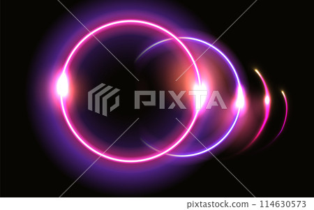 Abstract fantastic background with neon glow round frame and shiny light space portal into another dimension. Fluorescent space border. 114630573