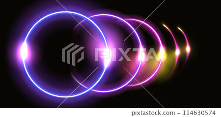 Abstract fantastic background with neon glow round frame and shiny light space portal into another dimension. Fluorescent space border. 114630574