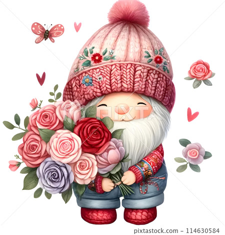 gnome with bouquet of red roses 114630584
