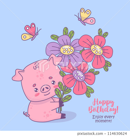 Happy little pig with large bouquet of flowers and butterflies. Vector illustration. Happy Birthday Holiday Card with funny cartoon kawaii animal character. Happy little pig with large bouquet of flowers and butterflies. Vector illustration. Happy Birthday Holiday Card with funny cartoon kawaii animal character. 114630624
