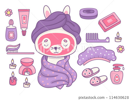 Shower cosmetics and spa treatments. Cute cartoon rabbit wrapped in towel with mask on face. Soap, cream, shower cap, slippers, toothbrush with toothpaste and comb. Isolated vector elements. 114630628