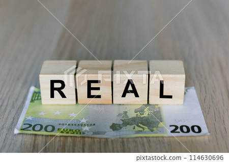 Real word on wooden cubes blocks, money 200 Euro banknotes. Management big salary career concept. 114630696